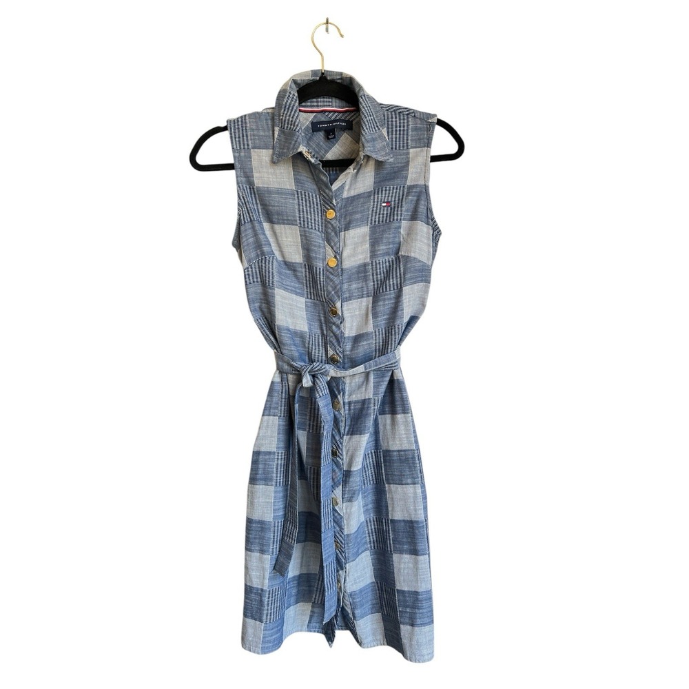 Tommy Hilfiger Womens Blue Patchwork Plaid Sleeveless Button Front Dress Size 2